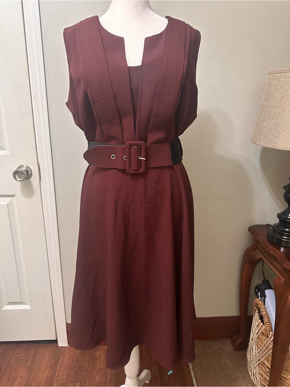 City Chic Burgundy Belted Midi Dress with Wide Buckle